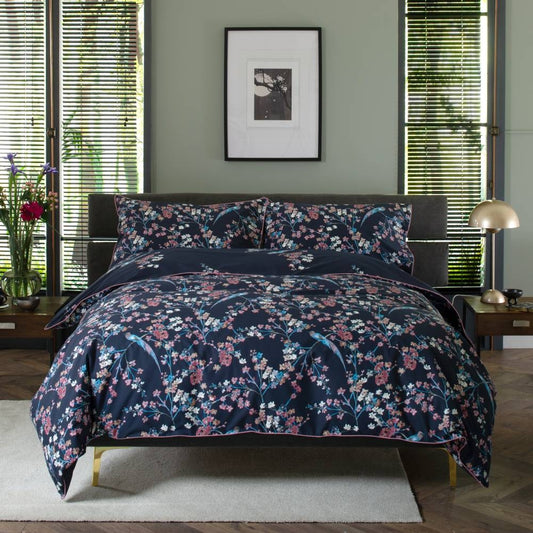 100% Cotton Dark Blue Bird & Floral Duvet Cove Set