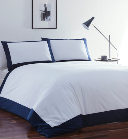 100% Cotton Acle White Duvet Cover Set Navy Border