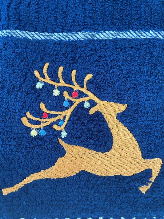 Christmas Stag Kitchen Towel Navy Blue