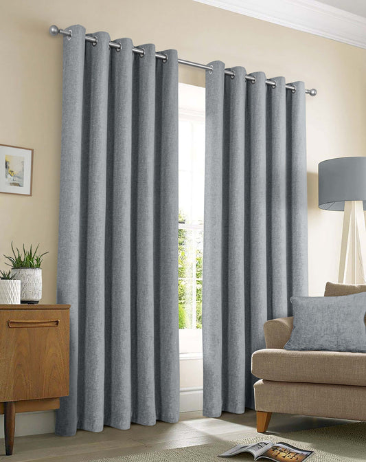 Chenille Look Thermal Lined Eyelet Curtains Nickel Grey