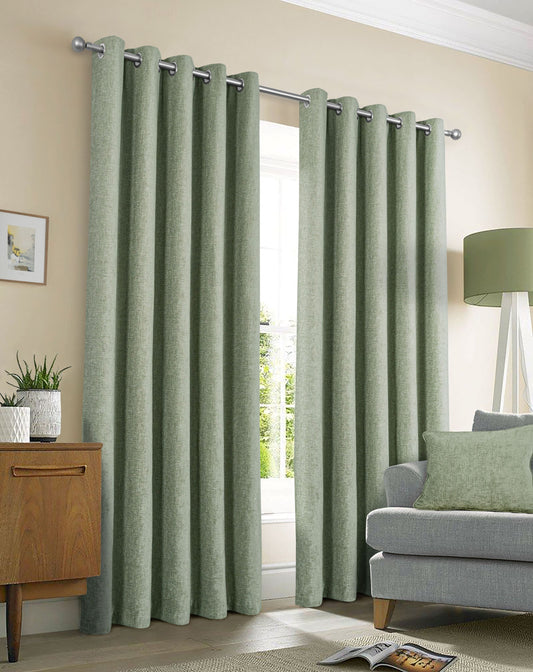 Chenille Look Thermal Lined Eyelet Curtains Sage Green