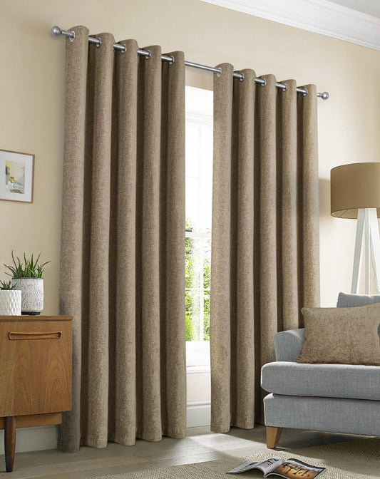 Chenille Look Thermal Lined Eyelet Curtains Earth Beige