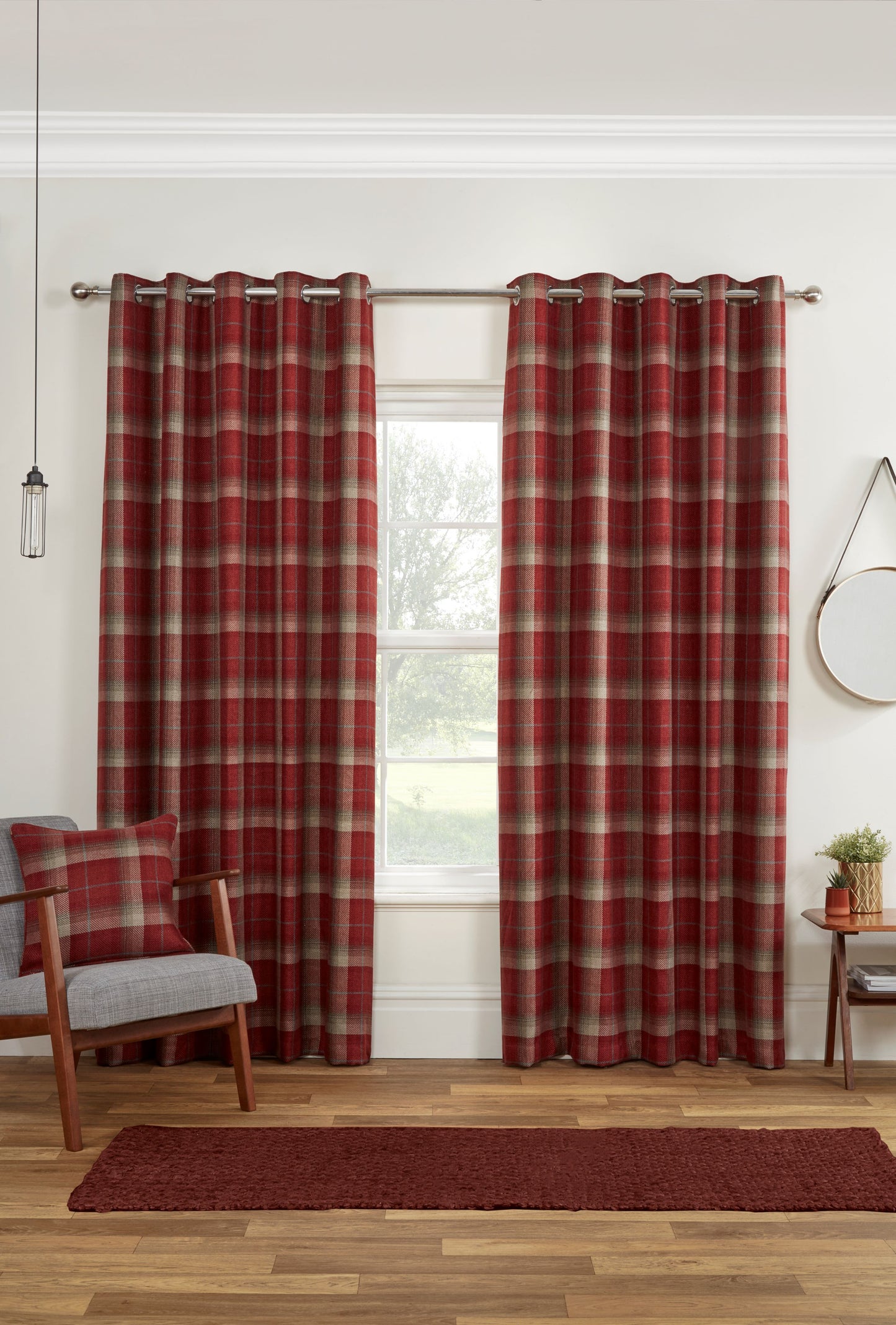 Woven Check Design Pair Eyelet Curtains in Red