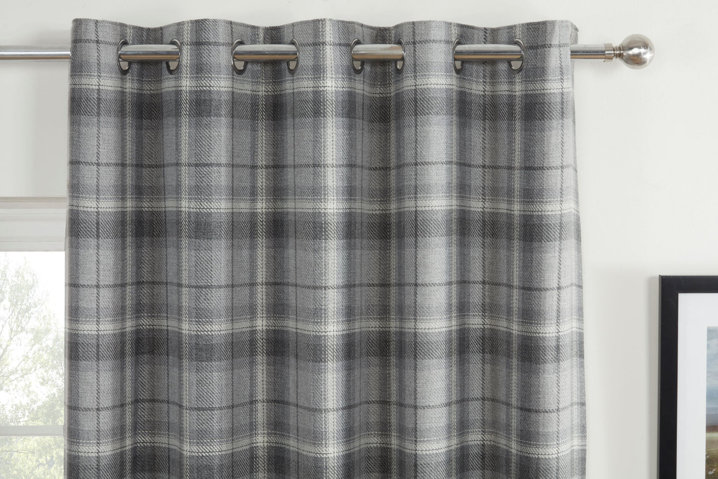 Woven Check Design Pair Eyelet Curtains in Grey