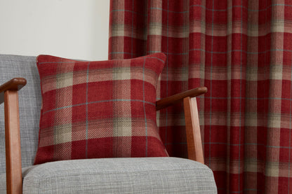 Woven Check Design Pair Eyelet Curtains in Red