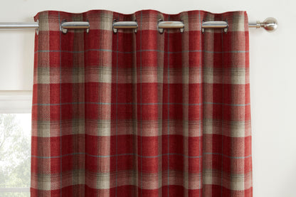 Woven Check Design Pair Eyelet Curtains in Red