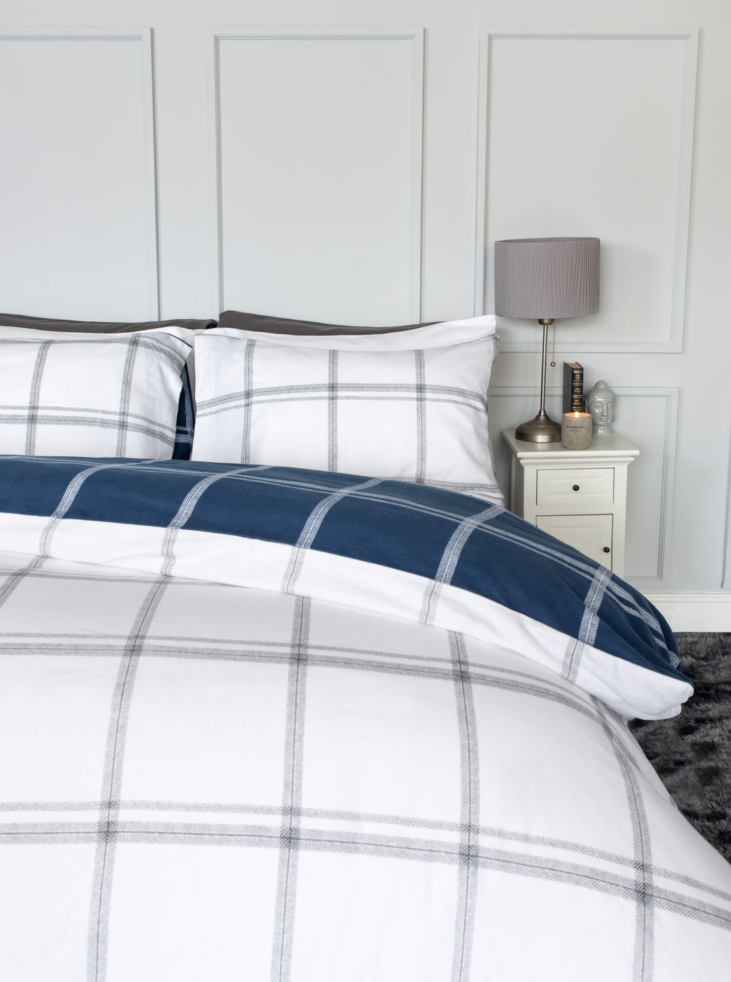 100% Brushed Cotton Check Duvet Set Navy & White