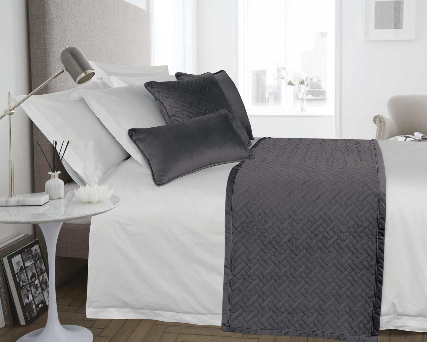 French Velvet Stitched Design Bedspread Charcoal Grey