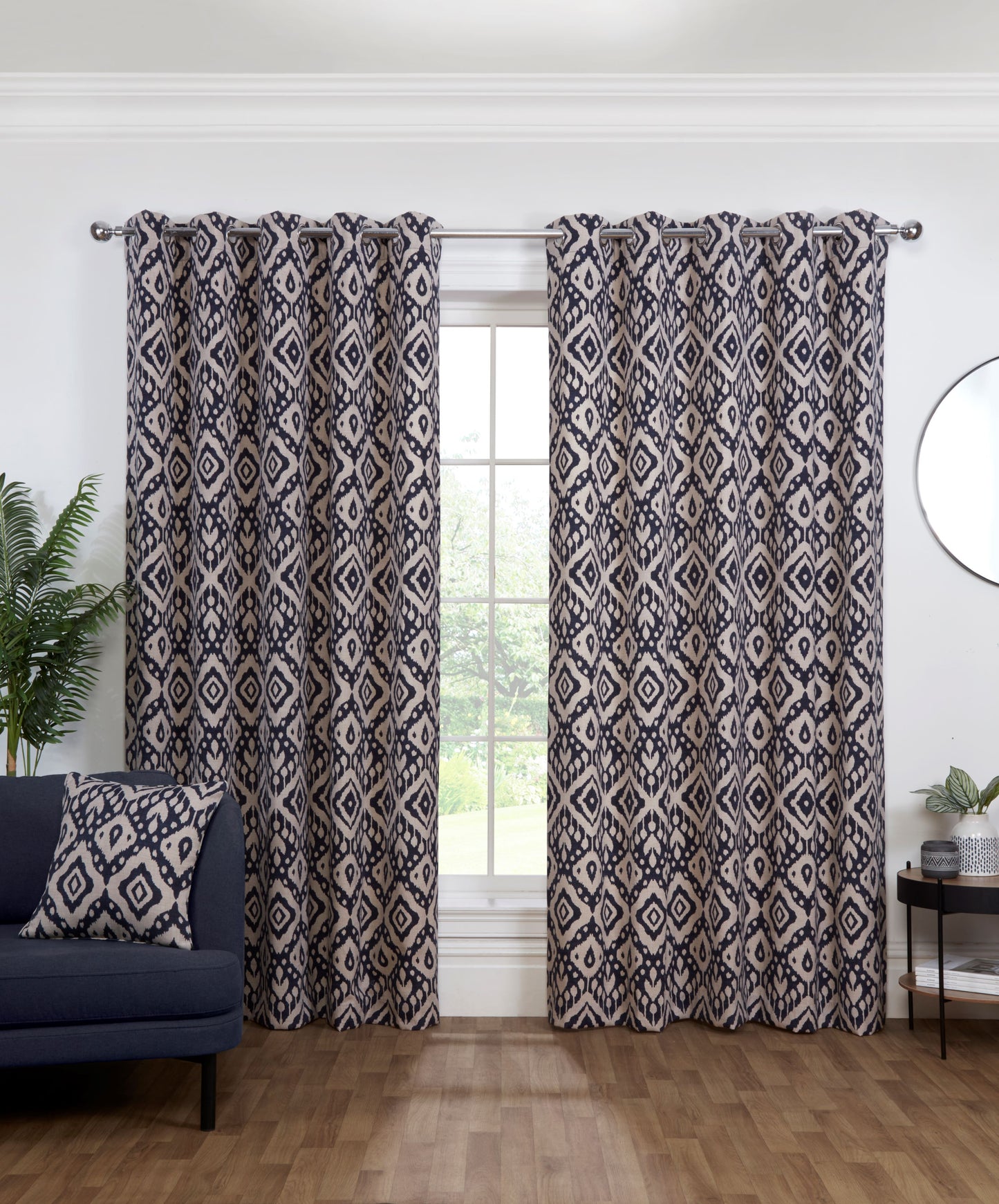 Marrakech Geometric Design Eyelet Curtains Inky Blue