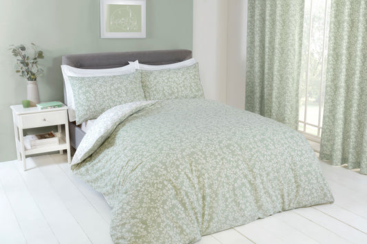 Sade Green & White Floral Design Bed Linen, Curtains