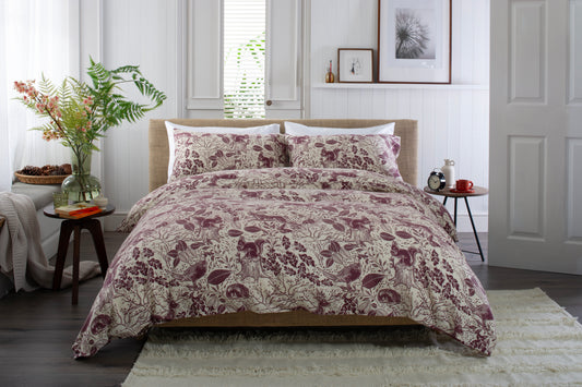 Brushed Cotton Hidden Forest Animals Duvet Set in Mulberry