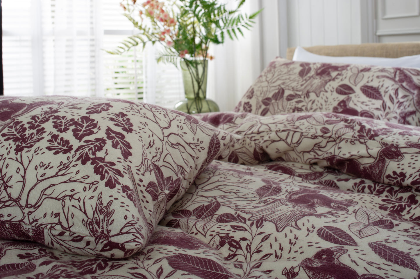 Brushed Cotton Hidden Forest Animals Duvet Set in Mulberry