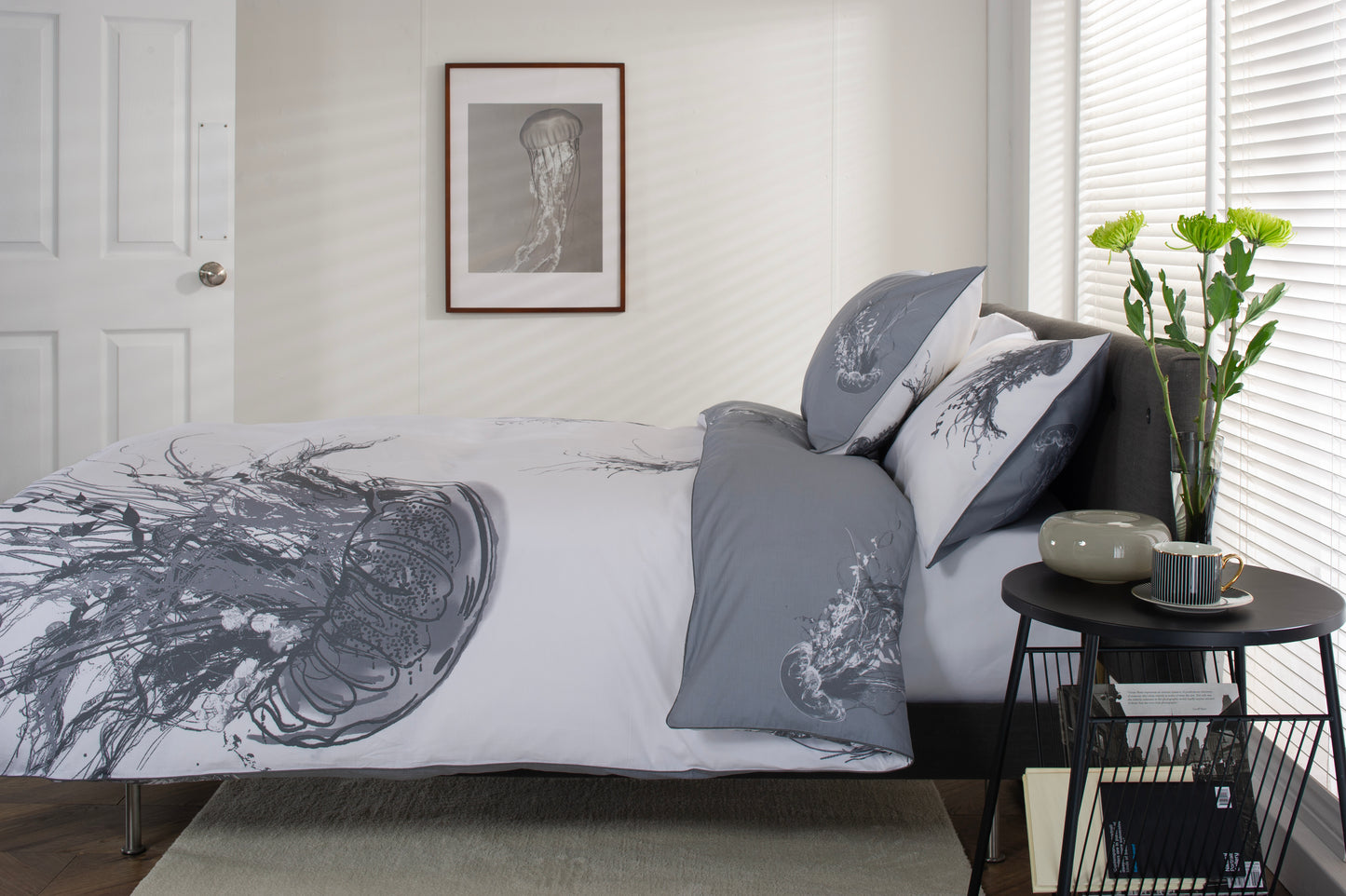 100% Cotton Jellyfish Design Duvet Cover Set Grey & White