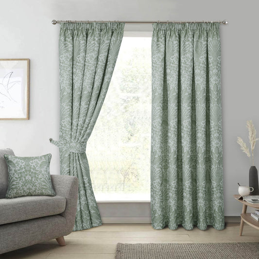 Floral Jacquard Pair Curtains In Sage Green Keswick