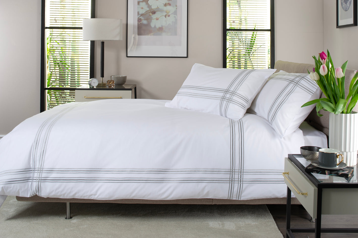 100% Cotton White with Silver Line Detail Duvet Cover Set