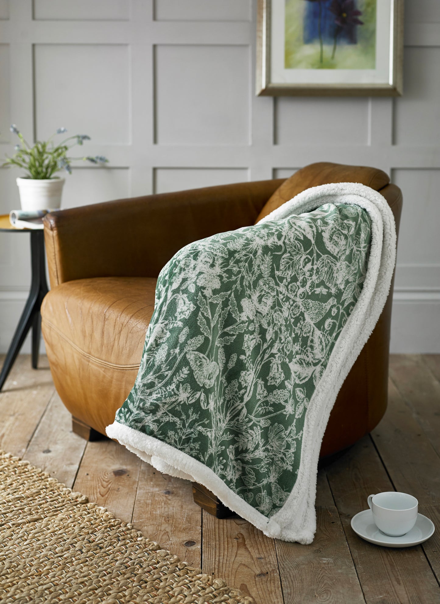 Supersoft Sherpa Reverse Secret Garden Animal Throw in Sage Green