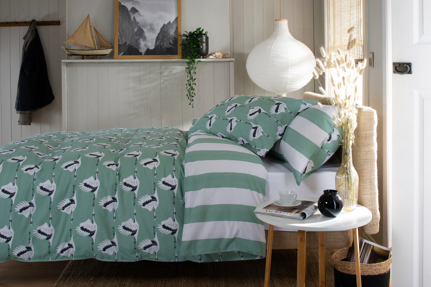 100% Cotton Sedge Crane Design Duvet Cover Set Green