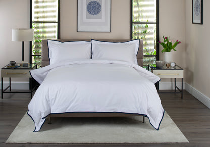 100% Cotton White Oxford Style Duvet Cover Set Navy Trim Tips