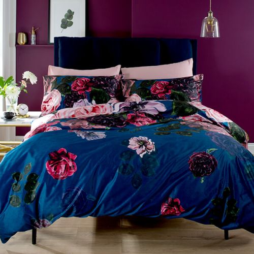 Bold Peony Velvet Duvet Cover Set Blue