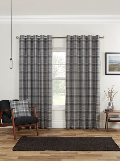 Woven Check Design Pair Eyelet Curtains in Grey