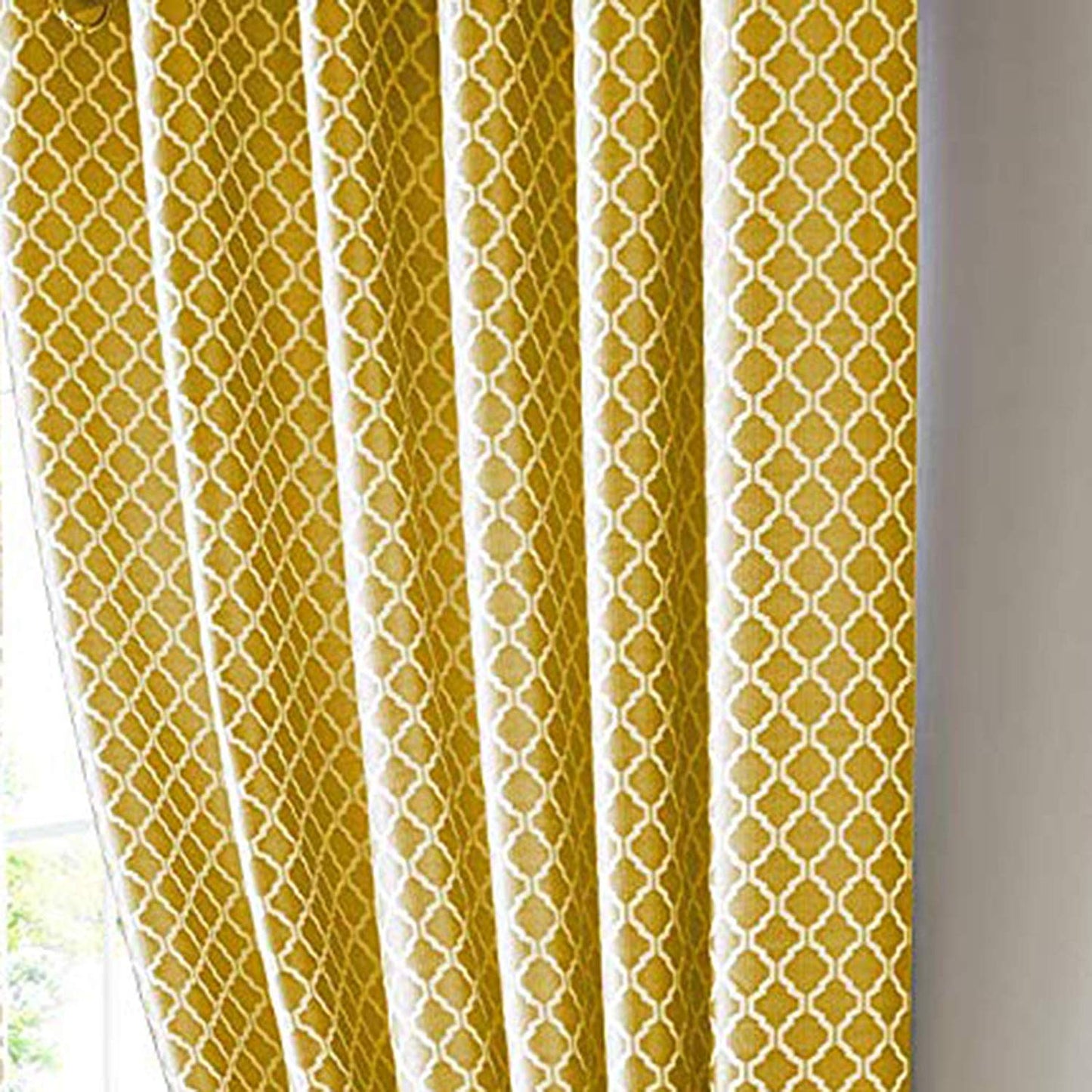 Ochre Yellow Jacquard Eyelet Curtains