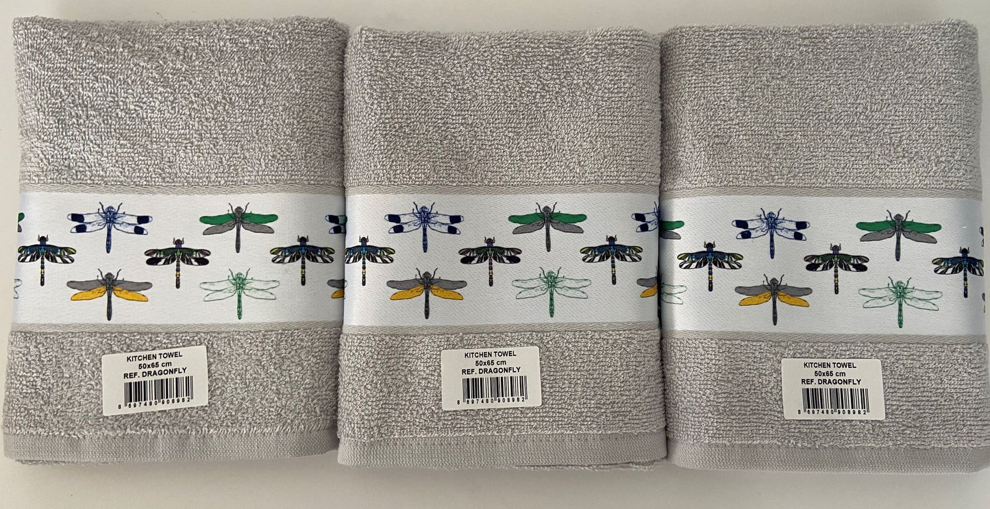 Dragonfly Design Tea Towel in Silver Grey