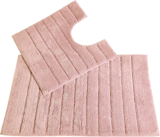 100% Cotton Two Piece Linear Rib Bath and Pedestal Mat in Blush Pink