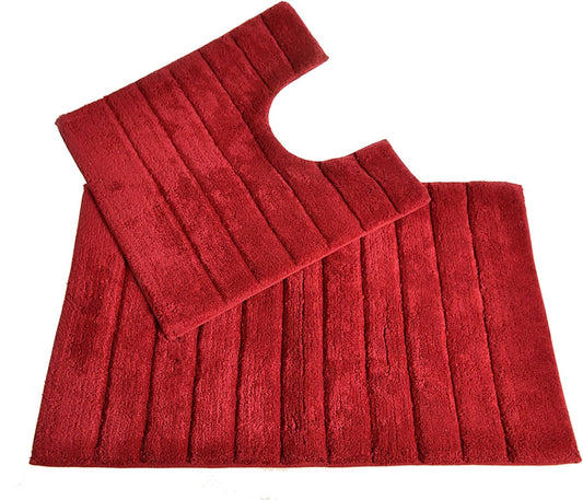 100% Cotton Two Piece Linear Rib Bath and Pedestal Mat in Cranberry