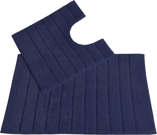 100% Cotton Two Piece Linear Rib Bath and Pedestal Mat in Navy Blue