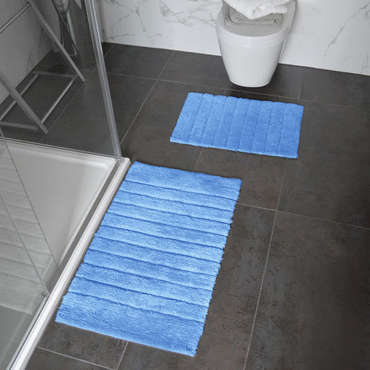 100% Cotton Two Piece Rib Bath Mats 2 Sizes Cornish Blue