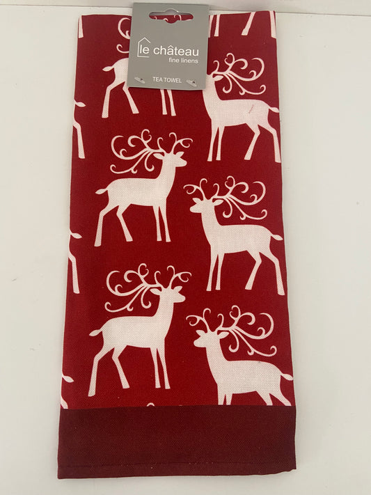 Christmas Reindeer Tea Towel Red