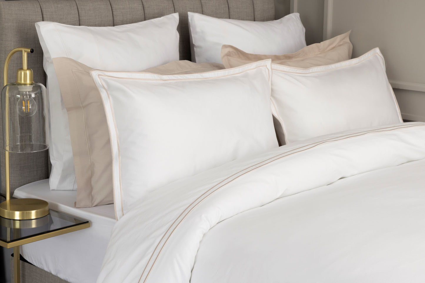 Egyptian Cotton Savoy Duvet Cover Set in White & Oyster