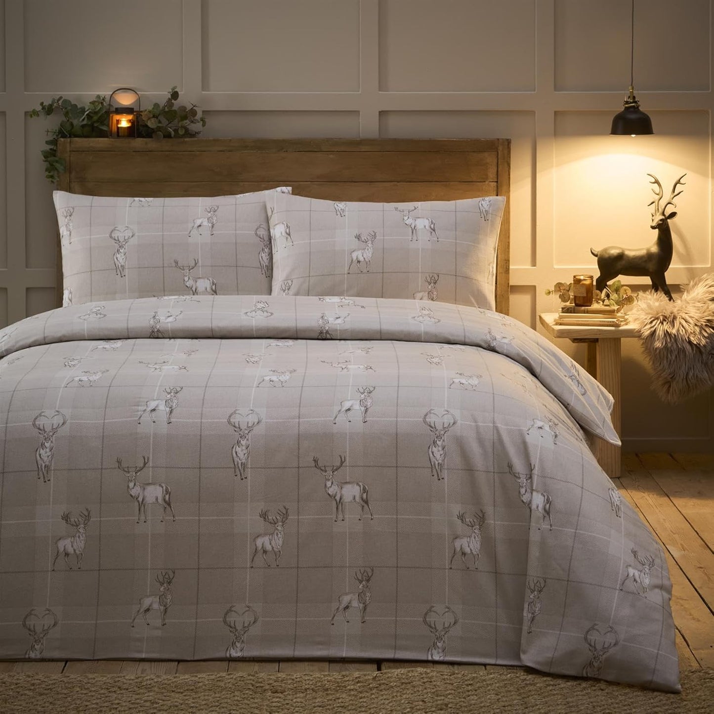 Brushed Cotton Checked Stag Duvet Set Natural