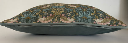 Strawberry Thief Cushion in Duck Egg Blue With Velvet Reverse