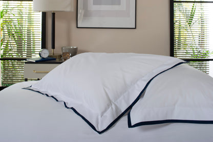 100% Cotton White Oxford Style Duvet Cover Set Navy Trim Tips