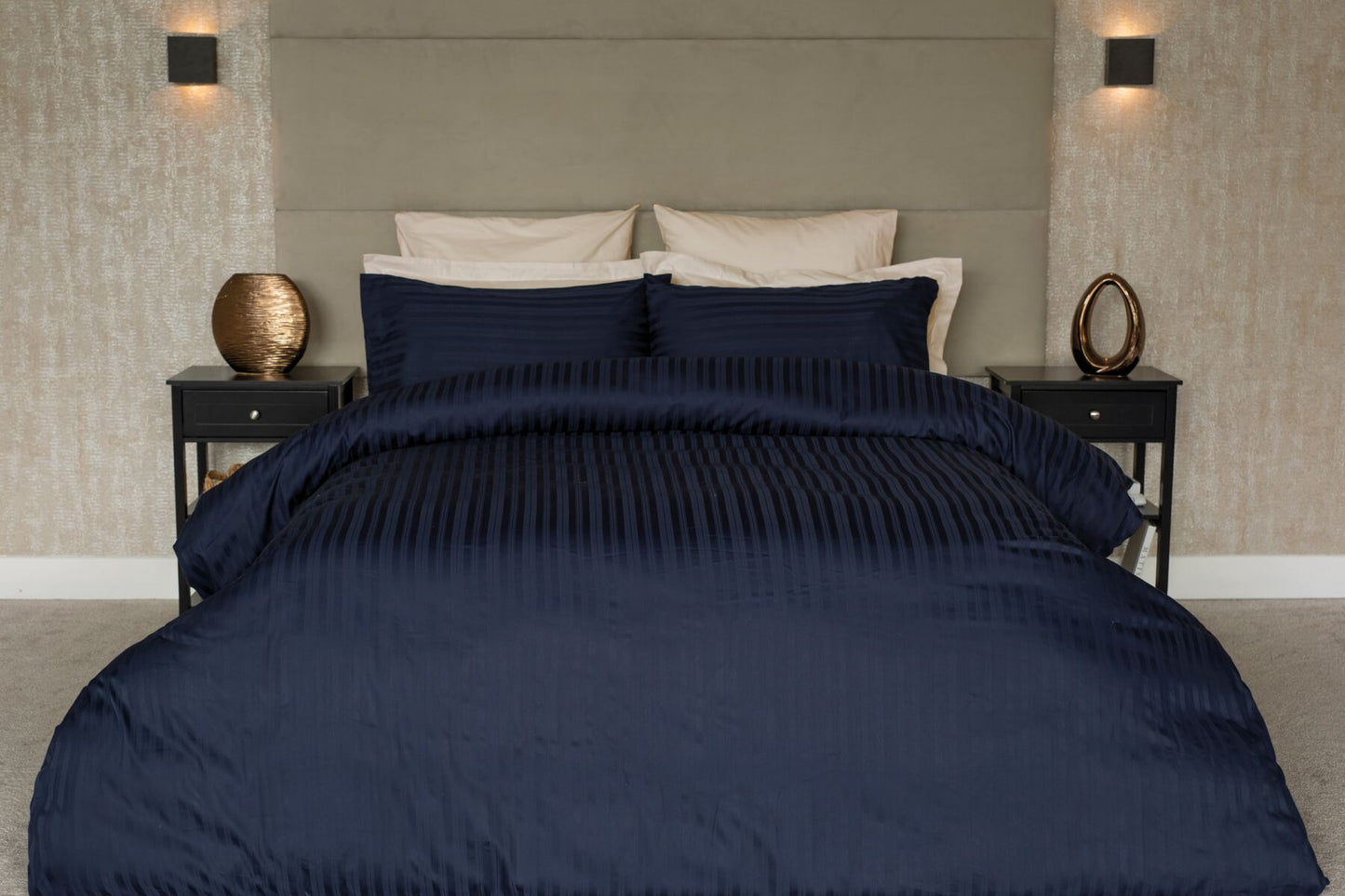 300 Thread Count 100% Cotton Satin Stripe Navy Blue