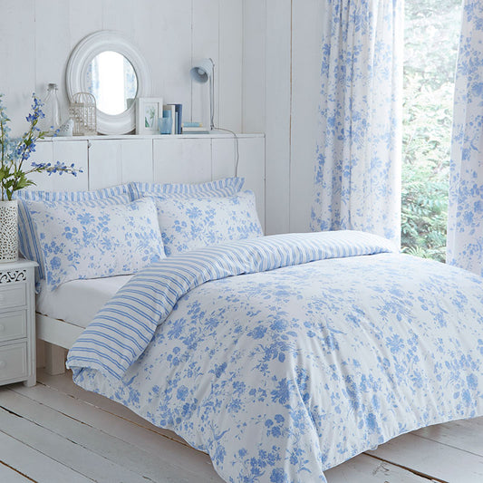 Blue & White Amelie Floral Etoile Reversible Duvet Cover Set Curtains