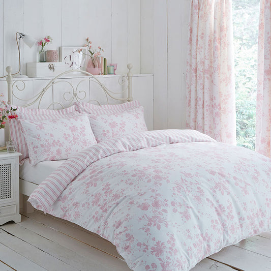 Pink & White Amelie Floral Etoile Reversible Duvet Cover Set Curtains