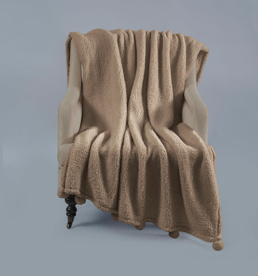 Soft Sherpa Pom Pom Throw in Taupe Brown