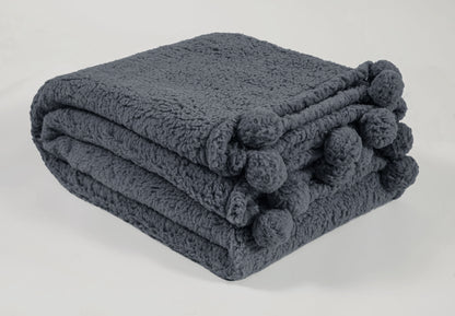 Soft Sherpa Pom Pom Throw in Charcoal Grey