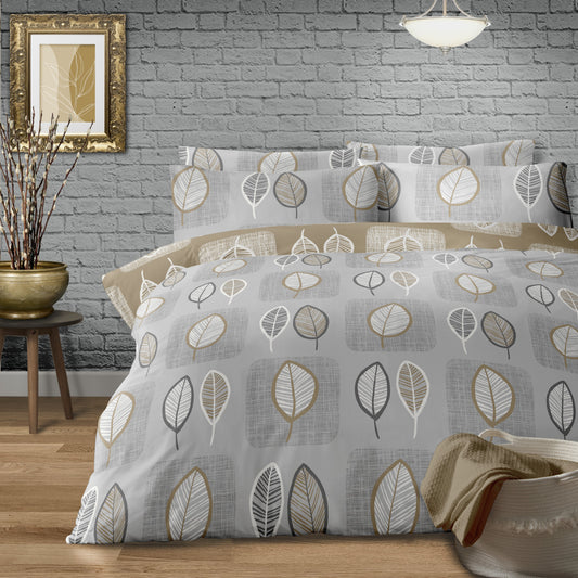 Freja Leaf Large Print Design Duvet Cover Set Grey / Beige