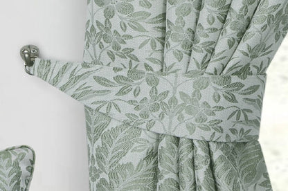 Floral Jacquard Pair Curtains In Natural Sage Green