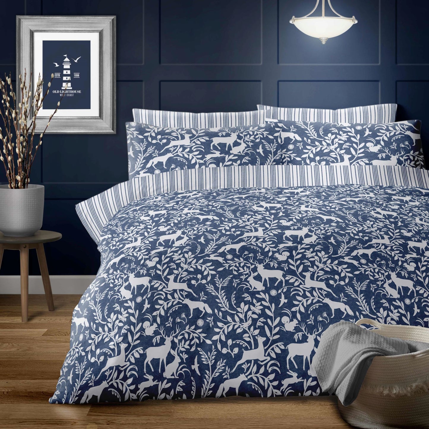 Brushed Cotton Larchwood Woodland Animal Duvet Cover Set Navy Blue