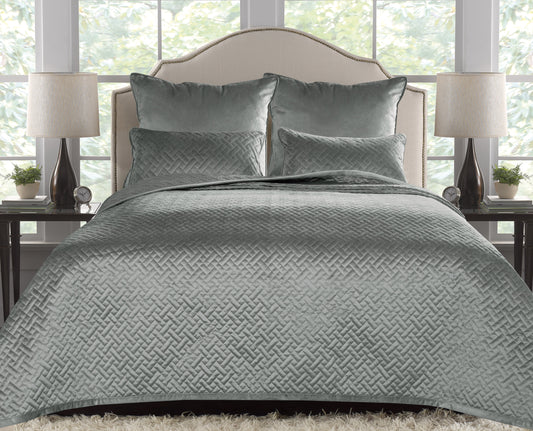 French Velvet Stitched Design Bedspread Silver Grey