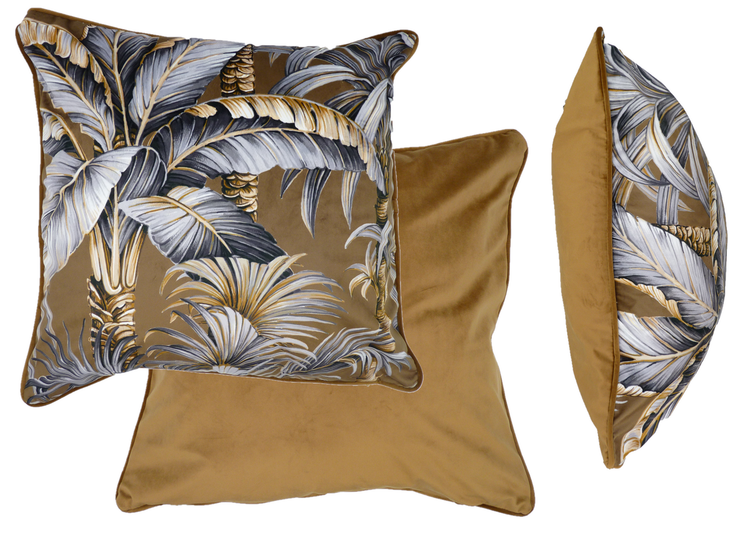 Velvet Cushion with Palm Tree Design Honey Gold