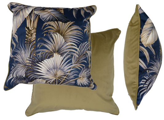 Velvet Cushion with Palm Tree Design Navy Blue & Taupe