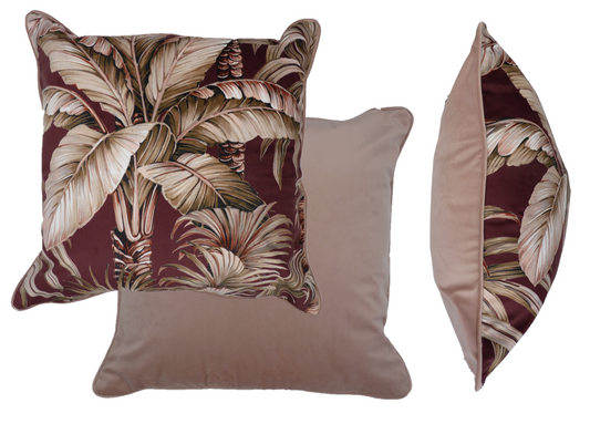 Velvet Cushion with Palm Tree Design Deep Blush