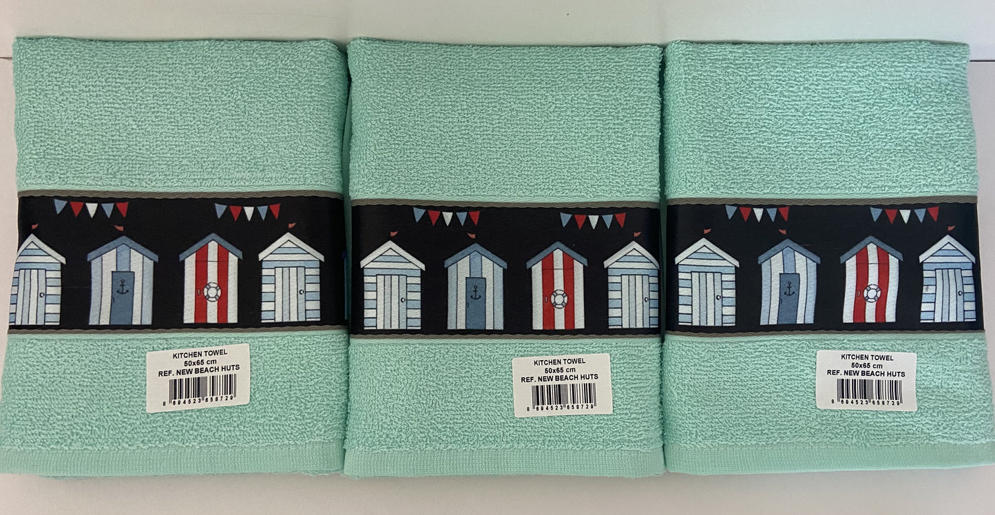 Beach Huts Kitchen Tea Towel in Aqua