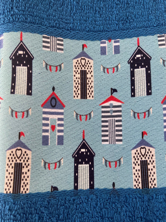 Beach Hut Design Tea Kitchen Towel in Blue