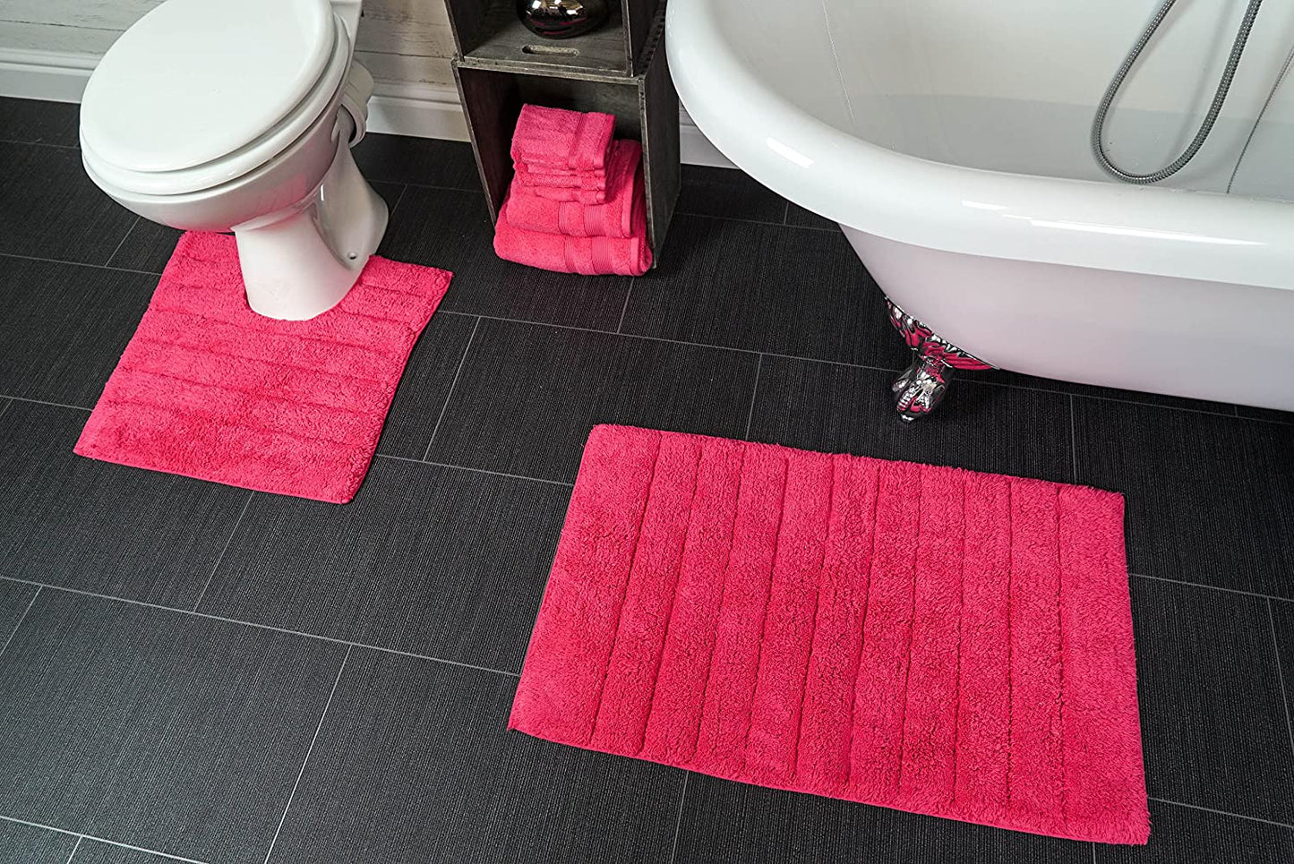 100% Cotton Two Piece Linear Rib Bath and Pedestal Mat in Hot Pink